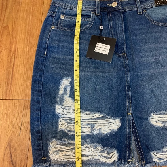 Parisian Midi Distressed Jean Denim Raw Hem Skirt - Picture 12 of 12